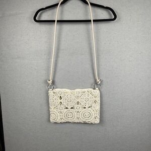 Boho Cream Crochet Shoulder Bag/Clutch Silver Hardware Removable Double Strap
